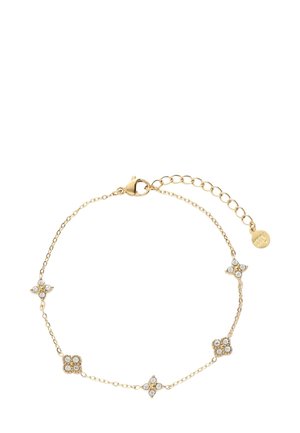 Gold-tone bracelet featuring five star-shaped accents, each embedded with clear crystals, and a lobster clasp with an adjustable chain.