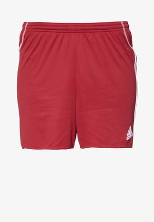 Red athletic shorts made of synthetic material. Features white side stripes and an embroidered logo on the lower right. Stretch waistband.