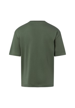 Olive green short-sleeve t-shirt with a crew neck. Smooth texture and relaxed fit. No visible patterns or graphics on the back.