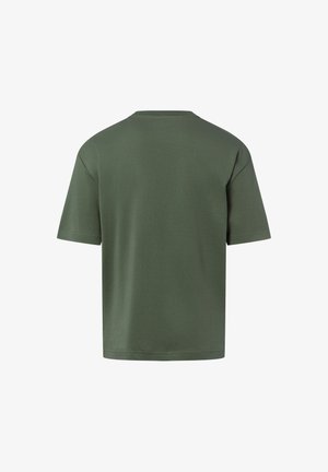 Olive green short-sleeve t-shirt with a crew neck. Smooth texture and relaxed fit. No visible patterns or graphics on the back.