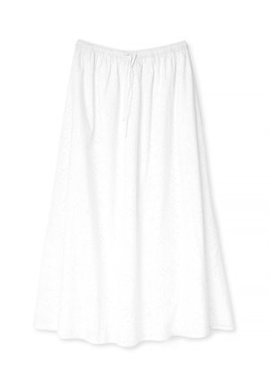 Balta, iki kulkšnies ilgio sijonas, pagamintas iš lengvo audinio; turi elastingą juosmenį ir subtilų gėlių raštą visame paviršiuje.