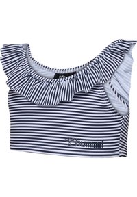 Gestreepte zwemtop in marineblauw en wit met een gerimpelde halslijn, gemaakt van rekbaar materiaal. Bevat het merklogo in het zwart nabij de onderrand.