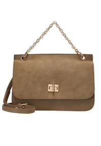 Sac à main rectangulaire couleur tan avec anse chaîne dorée, fermeture à tourniquet et bandoulière amovible et réglable.