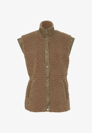 Brauner ärmelloser Weste mit flauschiger Textur, glänzenden Kunstleder-Akzenten, hohem Kragen und Druckknopfverschluss sowie zwei Seitentaschen.