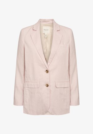 Light pink linen blazer with two front pockets, a notch collar, and two brown buttons. The interior is a contrasting cream color.