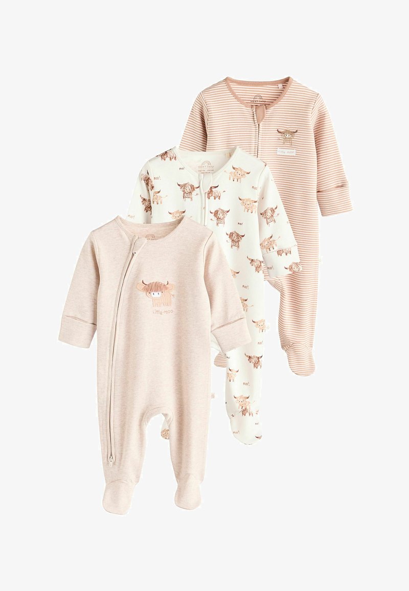 Three baby sleepsuits with feet: one beige with a highland cow and "little moo" text, one white with brown cow prints, and one beige and white striped.