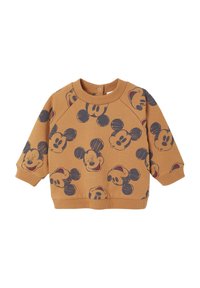 Brauner Sweatshirt mit einem wiederholten Muster von Mickey Mouse in Dunkelblau und Rot. Es hat einen runden Halsausschnitt und Raglanärmel.