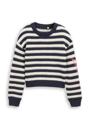 Marineblauer und weiß gestreifter Strickpullover mit langen Ärmeln und gerippten Bündchen und Saum, mit pinker Stickerei am rechten Ärmel.