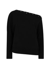 Schwarzer Strickpullover mit asymmetrischem Ausschnitt und Verzierungen an einer Schulter. Verfügt über lange Ärmel und eine lockere Passform.