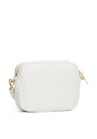 Borsa a tracolla bianca in pelle con forma rettangolare, zipper e dettagli in oro, texture liscia e tracolla removibile.
