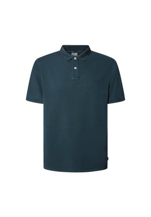 Donkerturquoise korte mouw polo met twee witte knopen en een klein geborduurd logo op de linkerborst.