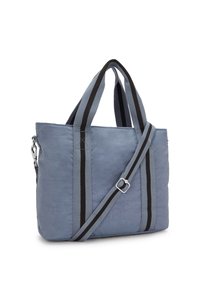 Borsa a spalla in tessuto blu con manici rigati neri e azzurri, tracolla regolabile e superficie liscia. Presenta una chiusura laterale con zip.