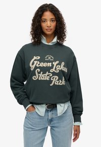 Sudadera verde oscuro con texto blanco "Parque Estatal Green Lakes". Llevada sobre una camiseta de rayas clara. Ajuste casual, con puños y dobladillo acanalados.