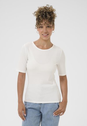 White ribbed t-shirt with short sleeves and a round neckline. The fabric has a smooth texture and it fits closely to the body.