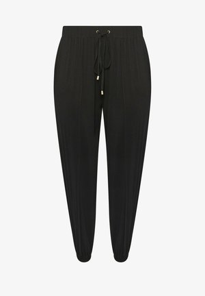 Zwarte taps toelopende joggerbroek met elastische tailleband en trekkoord, voorzien van elastische boorden bij de enkels en subtiele verticale naaddetails.