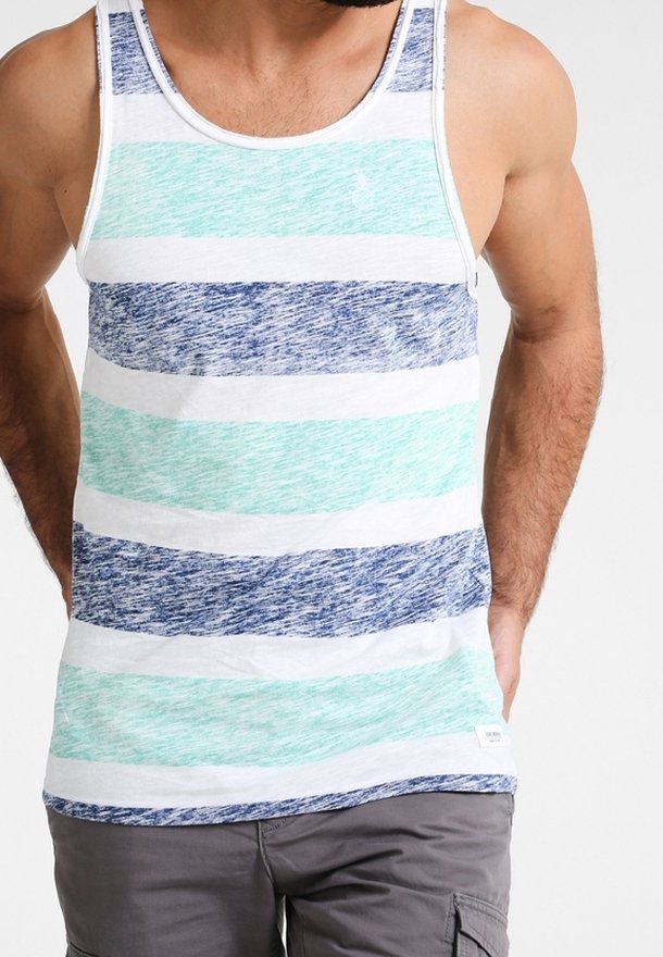 Débardeur rayé avec des couleurs alternées vert menthe clair, bleu marine et blanc. Fabriqué en tissu doux et texturé avec un design à col rond.