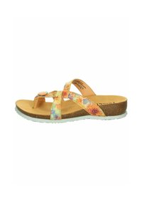 Mehrfarbige Sandalen mit Kreuzriemen, ausgestattet mit einem Korkfußbett und einer strukturierten Gummisohle. Das Obermaterial hat ein florales Muster in Pastelltönen.