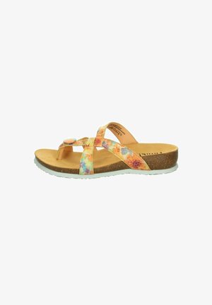 Sandalias multicolores con correas cruzadas, que cuentan con una plantilla de corcho y una suela de goma texturizada. La parte superior tiene un patrón floral en tonos pastel.
