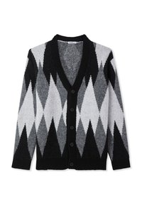 Cardigan a fantasia rombi nera e grigia con scollo a V, bottoni frontali e polsini a costine, realizzato in un morbido tessuto a maglia lavorata a trama.