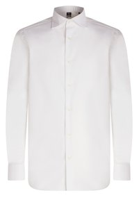 Chemise blanche à manches longues, boutonnée, en coton doux. Elle possède un col classique, une fermeture à boutons et un ourlet arrondi. Sans motifs ni accents.
