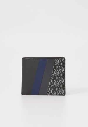 Portefeuille bi-fold en matériau texturé noir avec une bande bleu marine, arborant des logos en relief blancs. Compact, de forme carrée avec un design élégant.