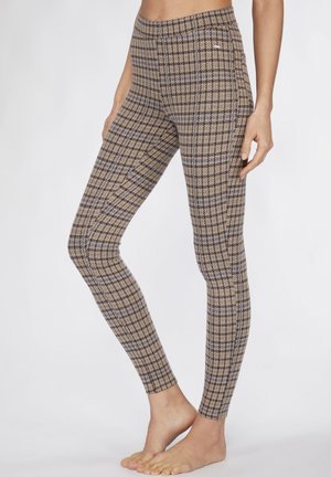 Bruine en blauwe geruite leggings met een hoge taille en stretchy stof, met een strakke pasvorm en zonder zichtbare naden of bevestigingsmiddelen.