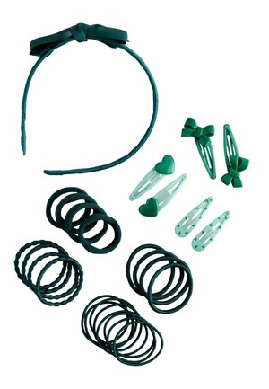 Green hair accessories set including a headband with bow, heart-shaped and bow clip pairs, and various textured hair ties on white background.