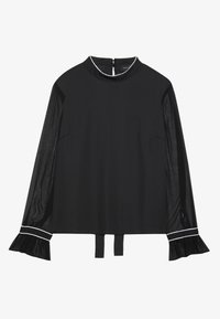 Top nero con lunghe maniche trasparenti, scollatura tonda e polsini arricciati. Presenta piping bianco e due asole in tessuto sul retro.