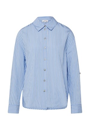 Hellblaues Hemd mit weißen vertikalen Streifen, langen Ärmeln und einem spitzen Kragen.