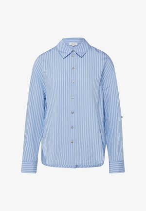 Light blue button-up shirt with white vertical stripes, long sleeves, and a pointed collar.
