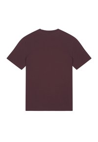 Burgunderfarbenes T-Shirt mit kurzen Ärmeln und Rundhalsausschnitt. Hergestellt aus glattem Baumwollstoff, hat es ein schlichtes Design ohne Muster oder Verzierungen.