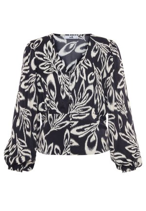 Blusa azul marino con un patrón de hojas blancas, escote en forma de V, cierre de botones y mangas tipo globo con puños fruncidos. Textura de tela suave.