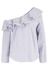 Top a spalle scoperte a righe con colletto arricciato e maniche lunghe. Presenta un tessuto bianco con righe verticali blu navy.