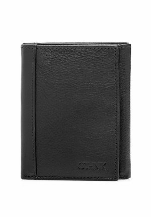 Czarny skórzany portfel dwuklapowy o fakturowanym wykończeniu i subtelnym tłoczonym logo w prawym dolnym rogu.