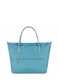 Blaue Nylon-Tragetasche mit zwei kurzen Griffen, Reißverschluss oben und einer Vordertasche mit kleinem Reißverschluss. Glatte Textur und strukturiertes Design.