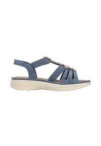 Blauwe sandaal met open teen, verstelbare achterkant, decoratieve kralen, synthetisch bovenwerk en een lichte witte zool.