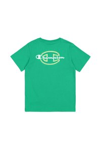 Camiseta de algodón verde con un logo y texto en blanco en la parte posterior. Diseño de mangas cortas y cuello redondo. Textura suave, ajuste casual.