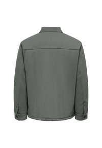 Dark gray long-sleeve jacket with collar, buttoned cuffs, and minimal seam detail shown from the back on a white background.