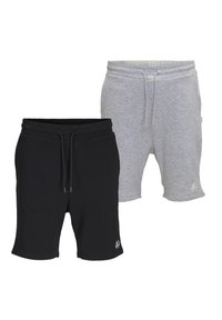 Schwarz-graue Baumwollshorts mit einem elastischen Bund, Kordelzug und kleinem Logo am linken Saum. Sie haben eine lässige Passform und eine Länge oberhalb des Knies.