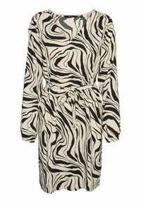 Zwart en crèmekleurig jurk met lange mouwen, voorzien van een zebra-streeppatroon, een ceintuur op de taille met een strik en een V-hals. Gelaagd stof.