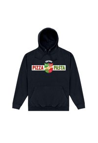 Felpa nera con tasca a marsupio frontale, decorata con un testo vivace: "sopranos Beansie's original PIZZA PASTA" e un design circolare della bandiera italiana.