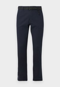 Navy blue trousers with a straight leg design, made from a textured fabric, featuring a black belt with a simple metal buckle.