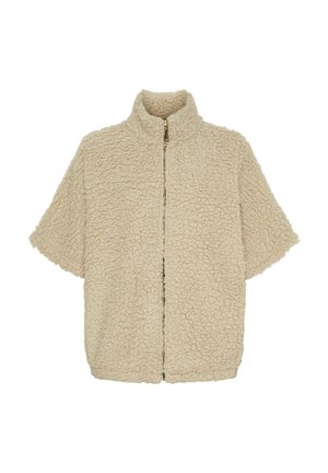 Beige faux shearling jakke, korte ærmer, høj krave, frontlynlås, blød struktur, sømløs design uden synlige hardware-detaljer.