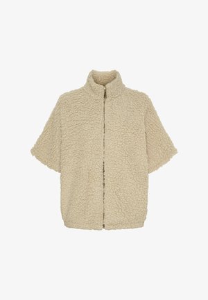 Beige faux shearling jakke, korte ærmer, høj krave, frontlynlås, blød struktur, sømløs design uden synlige hardware-detaljer.