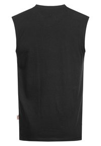 Zwarte mouwloze T-shirt van katoen, met een hoge halslijn en een rechte snit. Geen zichtbare patronen ofaccenten.