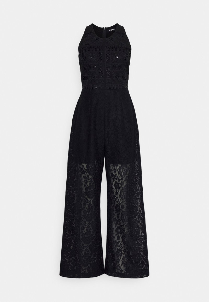 Combinaison noire sans manches en dentelle avec col montant, corsage brodé, fermeture éclair devant et pantalon à jambes larges avec des motifs floraux.