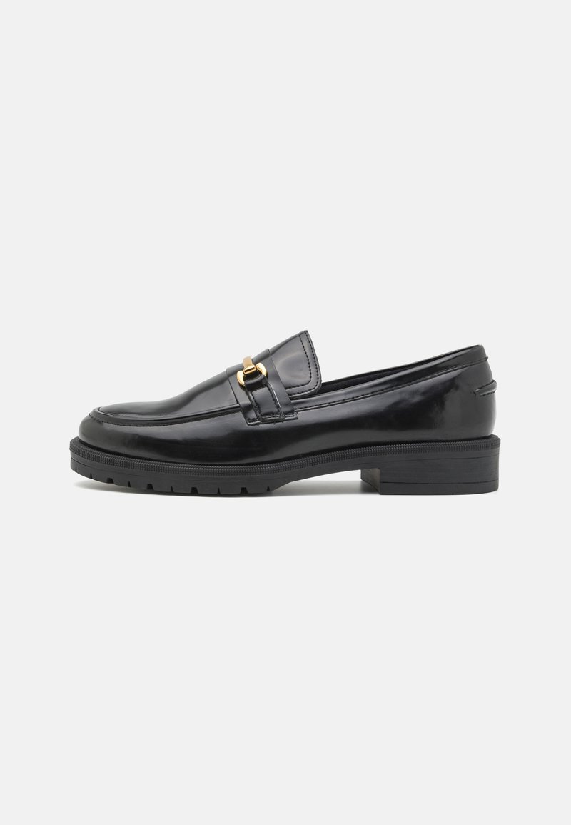Black patent leather loafers with a rounded toe, gold hardware accent, textured rubber sole, and low block heel.