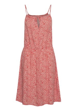 Rode jurk met wit bloemmotief, verstelbare spaghetti schouderbanden, elastische taille en een sleufdetail bij de halslijn. Lichtgewicht stof.