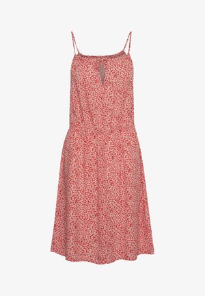 Rotes Kleid mit weißem Blumenmuster, verstellbaren Spaghetti-Trägern, elastischem Taillenbund und einem Schlitzdetail am Ausschnitt. Leichtes Material.