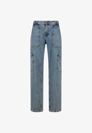 Heledad sinine denim cargo püksid, millel on lõdva istuvus, kahel suurel klapitud taskul ja tikandi detailid. Klassikaline nupuga ja tõmbluku sulgemine.
